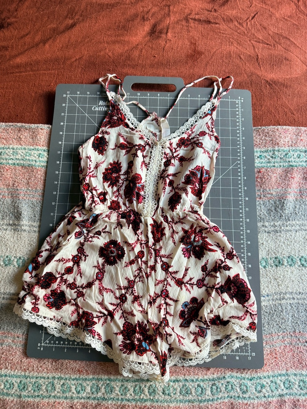 Astr The Label Cream Dress with Red Floral Print and Lace Trim